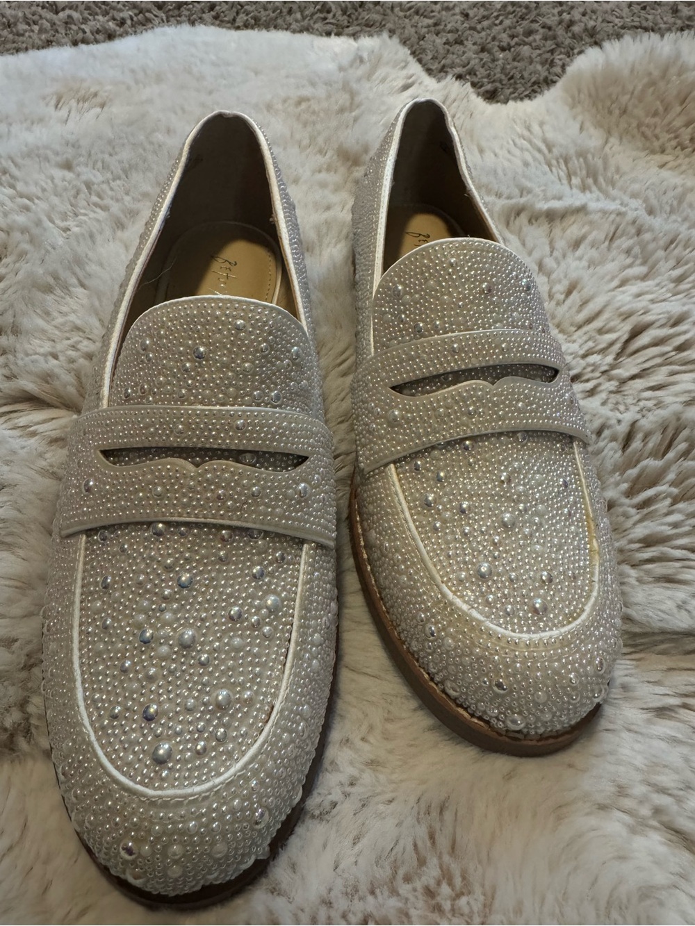 Betsey Johnson Cream Pearl & Rhinestone Embellished Loafers